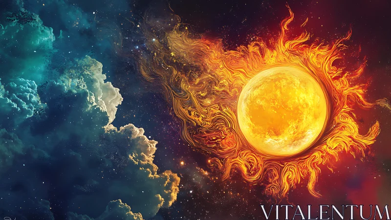 Blazing cosmic sun ignites swirling nebula in vivid space