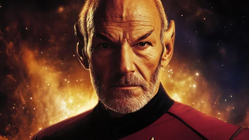 Stern space commander stands before blazing starfield glow