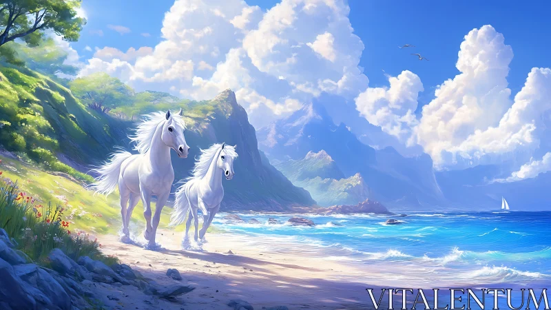 Digital painting of white horses on luminous coastal shoreline.