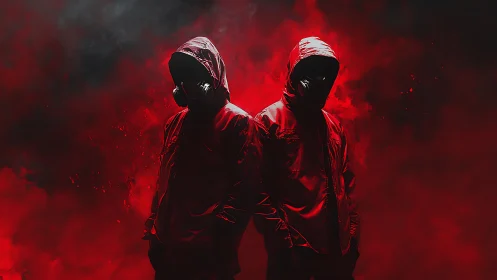 Dual hooded silhouettes in red particulate fog field.