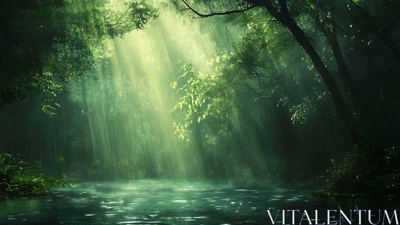 Volumetric light shafts penetrate dense rainforest over still water