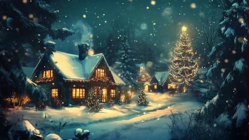 Snow-covered cabins and illuminated trees occupy a winter night