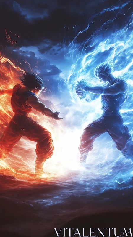 Fiery rival and icy warrior clash in a dramatic energy duel.