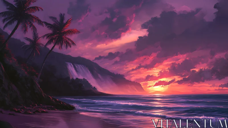 Tropical waterfalls serenade a neon-sorbet ocean sunset.