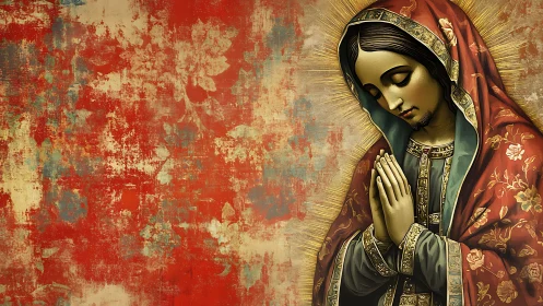 Gentle figure in prayer against glowing floral textures.