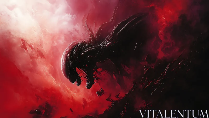 Extraterrestrial biomech creature in crimson nebular storm.