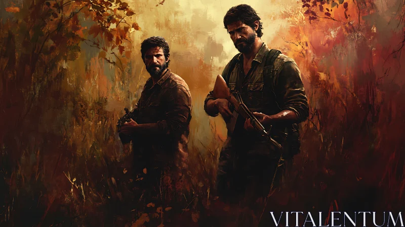 Two armed men stand in dense autumn foliage and filtered light