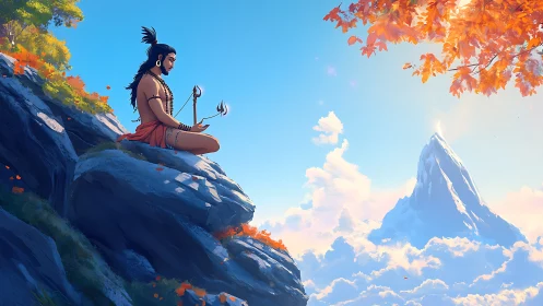 Silent mountain meditation under bright autumn skies.