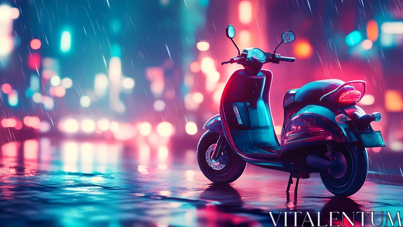 Scooter stands on wet neon city street under night rain