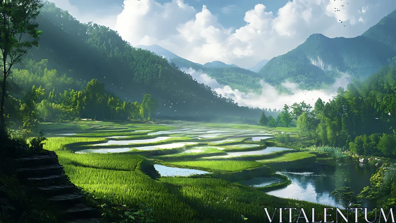 Lush terraced rice fields under misty mountain light.