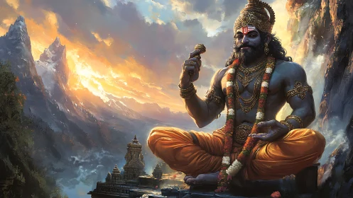 Colossal blue deity meditating above temple and alpine valley.