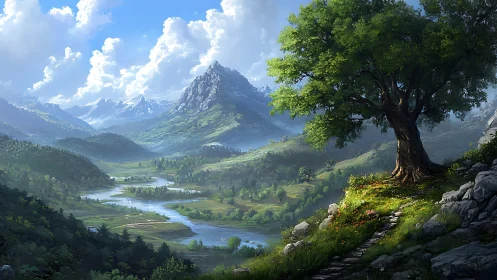 Expansive river valley under dynamic cumulus sky and detailed tree