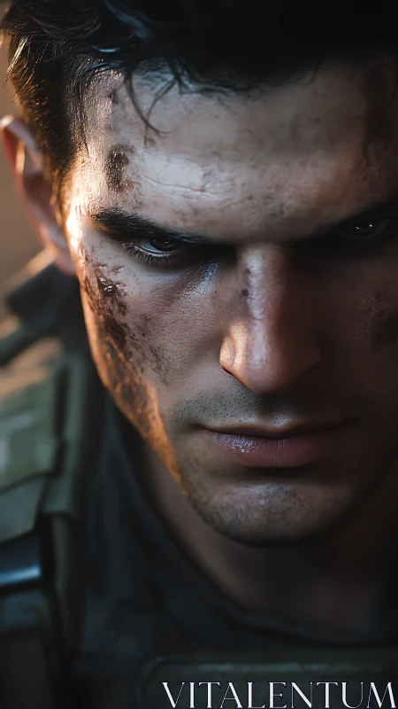 Photorealistic close-up portrait of battle-worn soldier face.