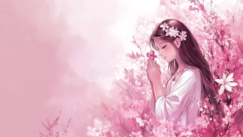 Girl in pink blossoms prays softly with floral serenity.