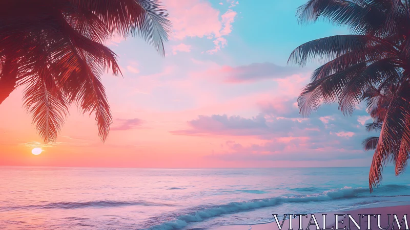 Cotton candy sunset drapes a dreamy palm-lined tropical shore.