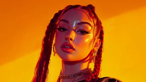 Bold braided portrait glows under vivid orange lighting