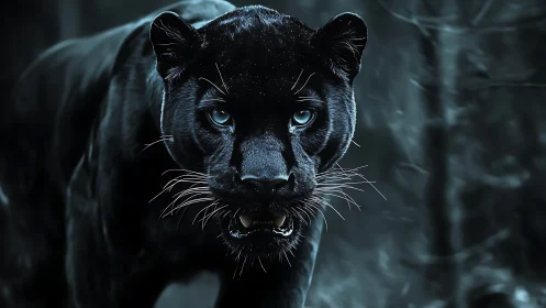 Black panther with light-colored eyes in low-light environment.