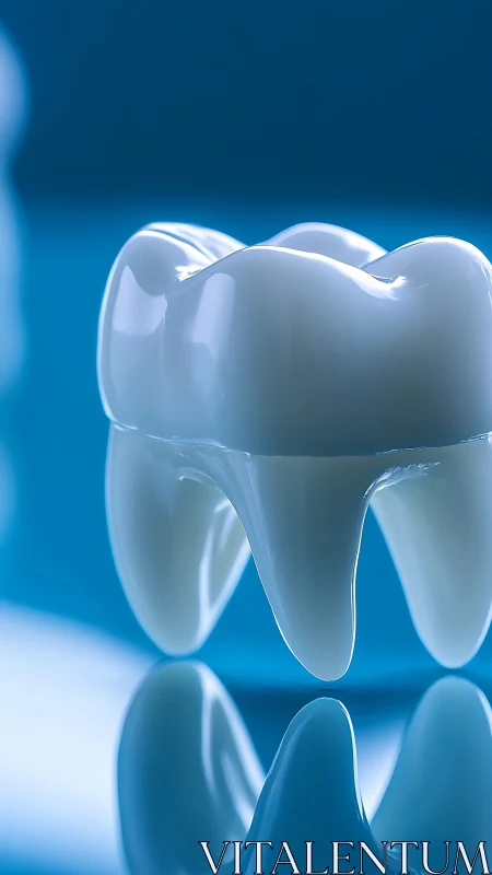 3D rendered white molar tooth on reflective blue surface.