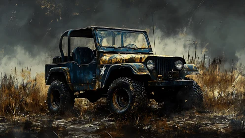 Rust-weathered off-road jeep in stormy grassland environment