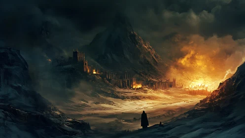 Mountain fortress and burning valley under dark storm sky.