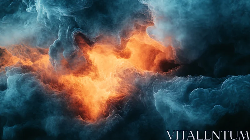 Abstract fiery cloud formation with contrasting cool vapor.
