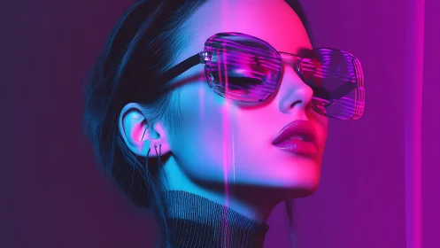 Neon lit woman in oversized sunglasses and turtleneck top.