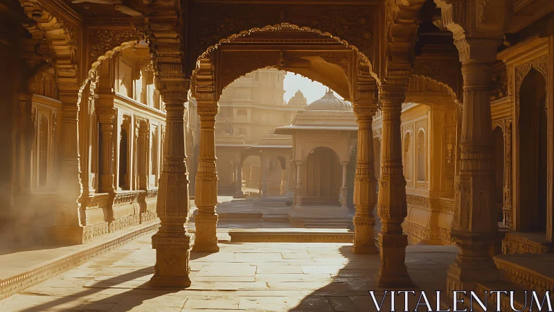 Sunlit sandstone arcade with intricate Indo-Islamic carvings.