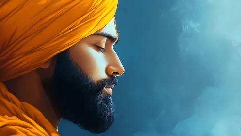 Meditative turbaned man in profile against tranquil blue sky.