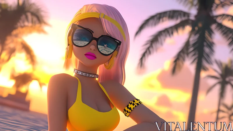 Stylized 3D beach model with reflective sunglasses at sunset