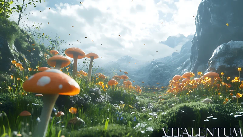 Mushroom valley landscape under bright diffuse daylight.