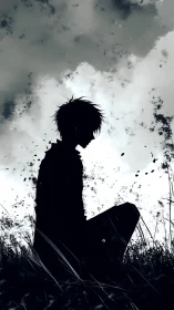 Silhouette of seated figure in grassy field under cloudy sky.