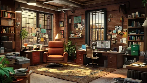 Sunlit detective loft hums with clues, cables, and quiet genius