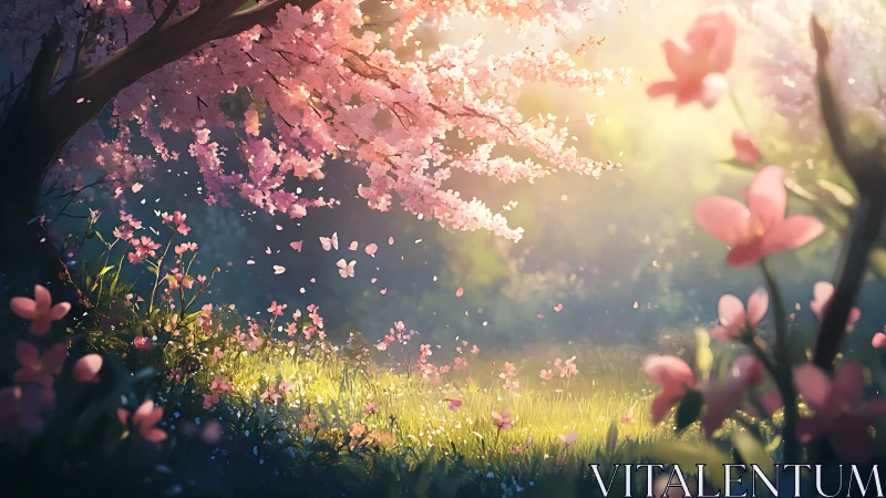 Whispers of spring drift beneath glowing cherry blossoms.