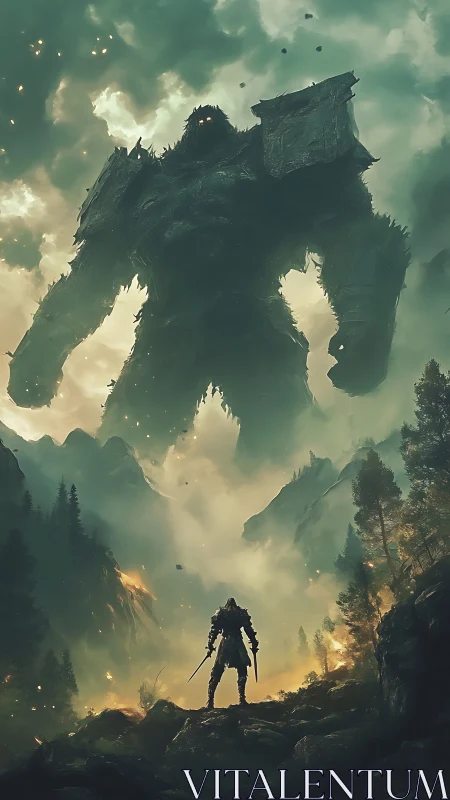 Armored warrior confronts colossal stone titan amid burning valley.