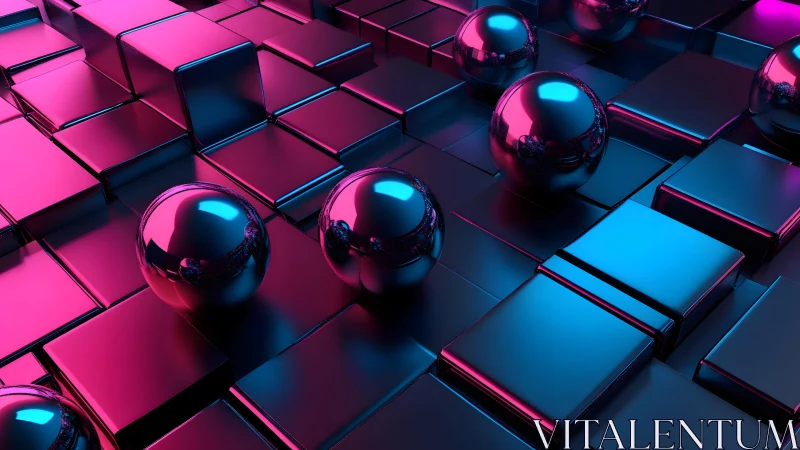 Chromatic metallic spheres on tessellated neon extrusion grid.