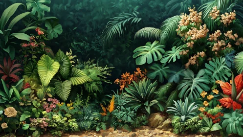 Dense tropical foliage covers a richly detailed forest floor