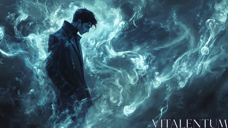 Stormlit sorcerer walks alone through whispering blue ghosts