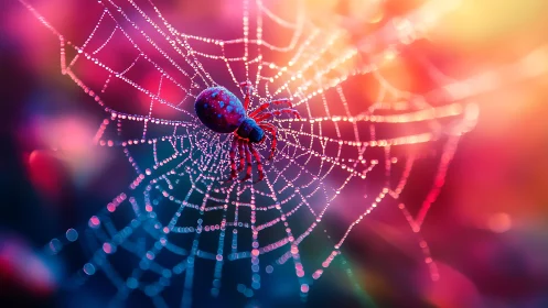 Spider on dewy web against vivid pink blue bokeh glow.