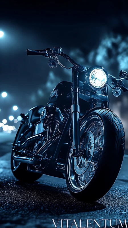 Midnight cruiser motorcycle under cinematic blue neon glow.