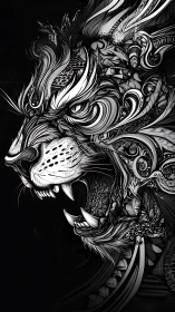 Ferocious ornate feline head in monochrome illustration.