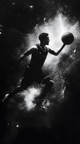 Dynamic black and white action shot of basketball player