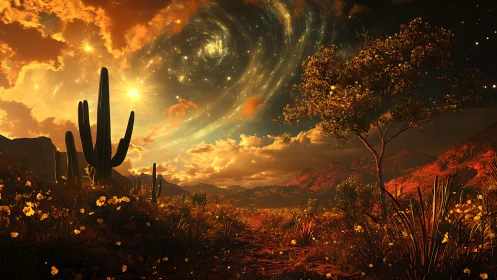 Surreal desert nightscape under swirling golden galaxy.