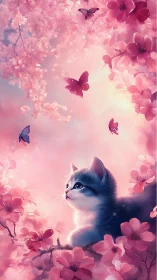 Feline Portrait Within Pink Floral Composition with Lepidopteran Elements.