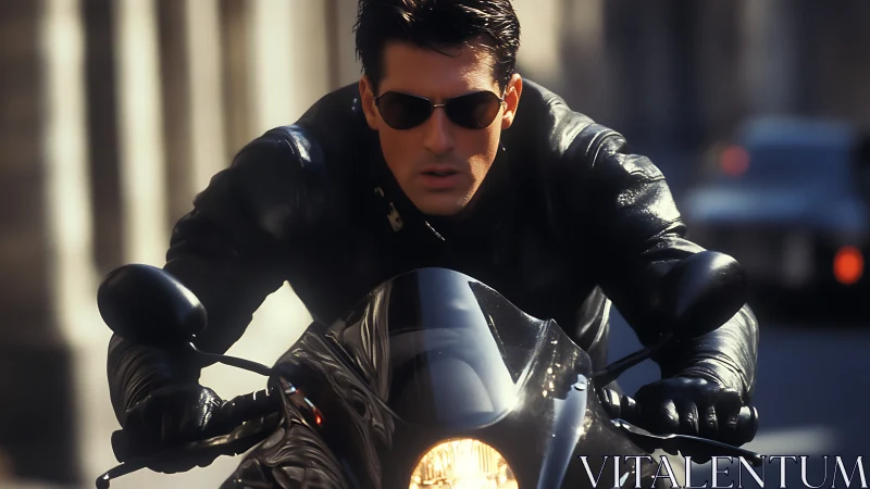 Motorcyclist in black leather at speed on urban street