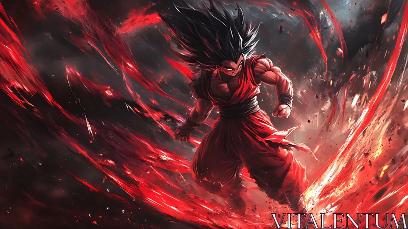 Energetic crimson vortex surrounding anime warrior in eruption.