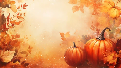 Pumpkin duet basking in a golden watercolor autumn haze.