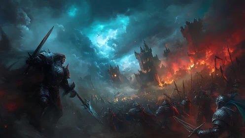 Armored warriors clash before burning fortress under storm