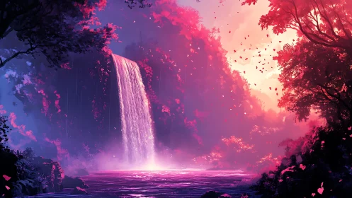 Dreamfall cascade in neon dusk where petals drift slow.