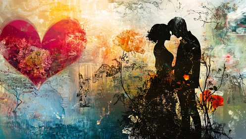 Silhouetted Couple Embracing Amid Painterly Floral Abstraction