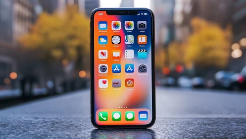 iPhone displaying colorful app icons on urban street